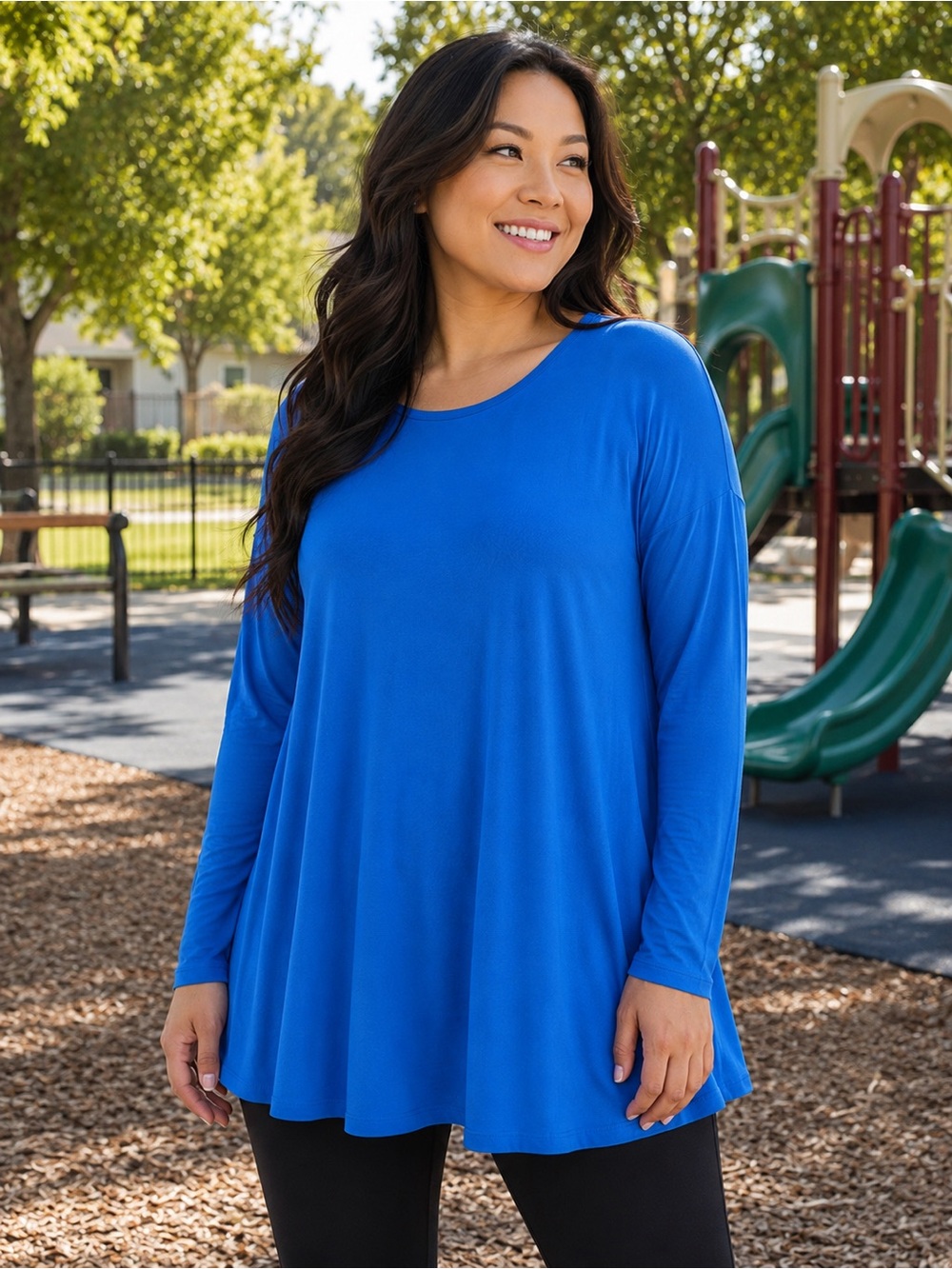 Azules Royal Blue Long Sleeve Swing Tunic Top Made USA Rayon Stretch NWOT Large
